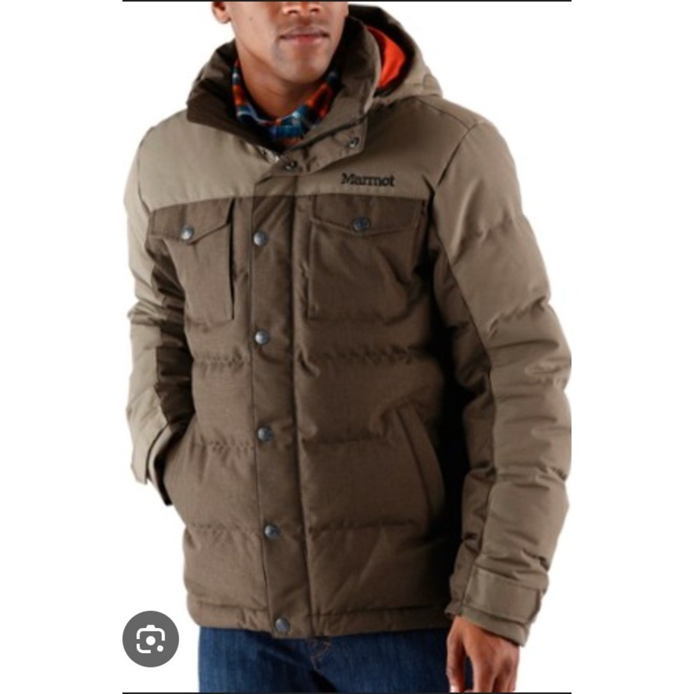 Marmot Fordham 700 Fill Down Tan Brown Zip Up Hooded Fleece Cuff Puffer Coat XXL